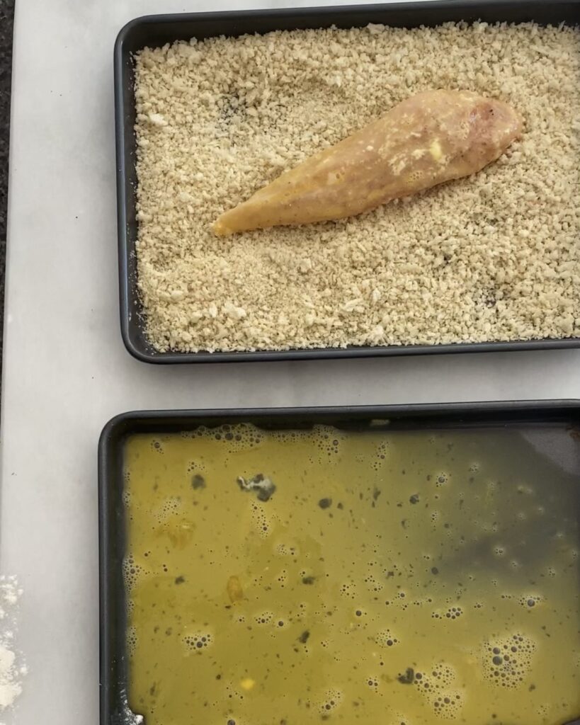 egg wash and then bread crumbs