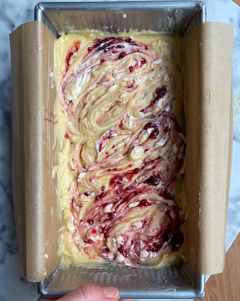 batter with swirled raspberry & cream cheese