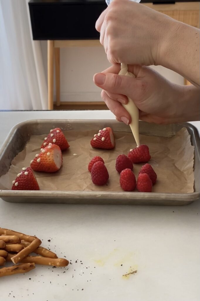 strawberry and raspberry mushroom tops for dirt pudding