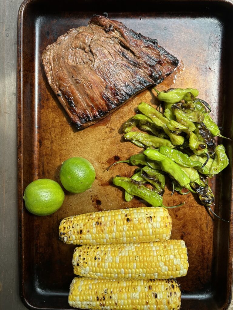 steak, shishito peppers & corn grilled