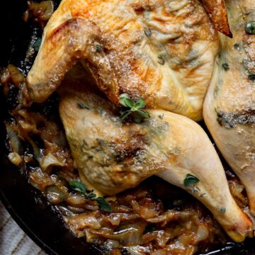 Cast Iron Spatchcock Chicken with Braised Onions