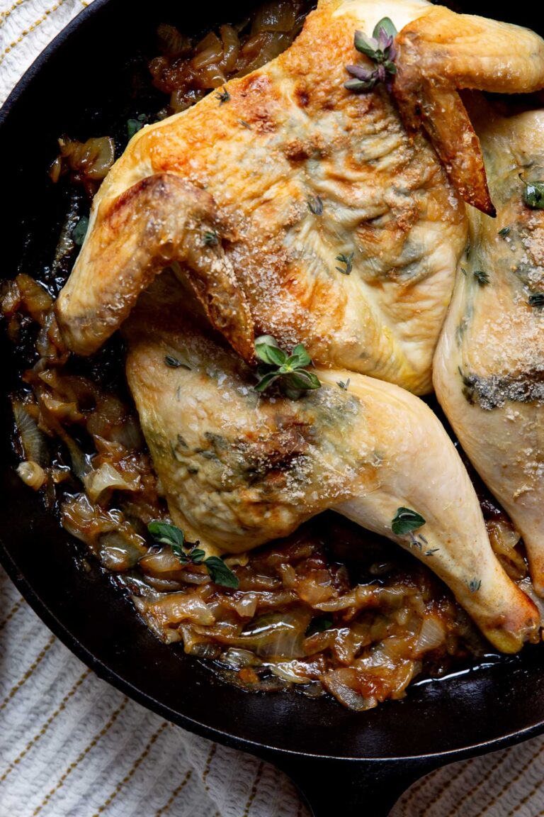 Cast Iron Spatchcock Chicken with Braised Onions
