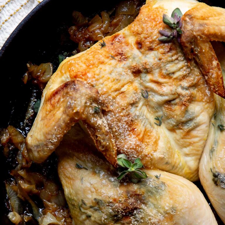 Cast Iron Spatchcock Chicken with Braised Onions